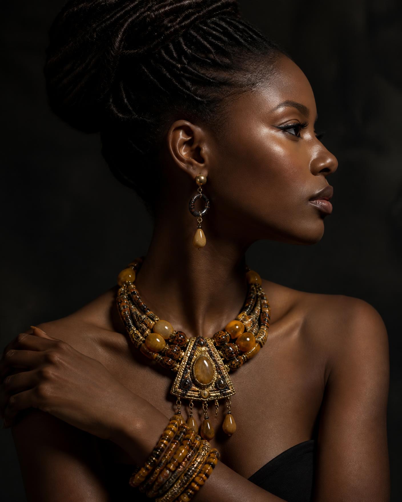 Model wearing a handcrafted MMI Luxury Beads statement necklace and bracelets